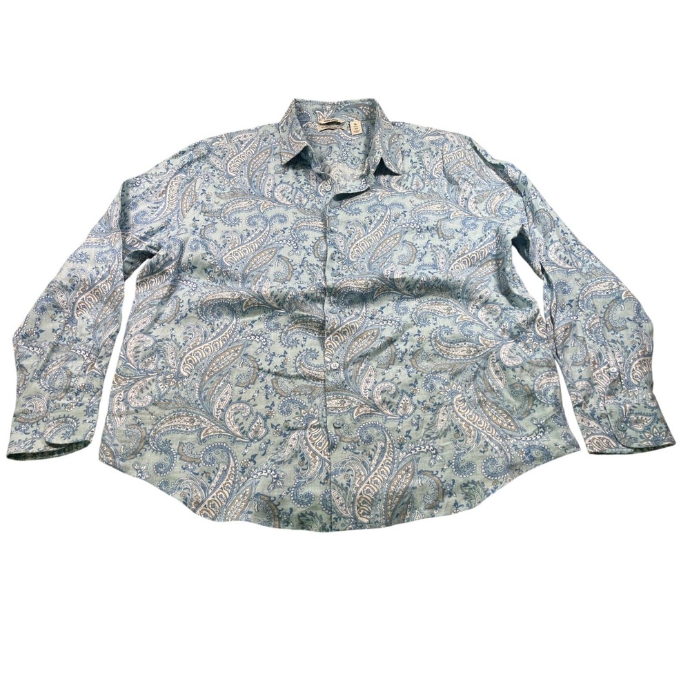 Cubavera 100% Linen Blue‎ Paisley Button Front Shirt XL